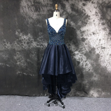 Deep V Neckline Dark Blue Beaded High-low Satin Open Back Party Dress