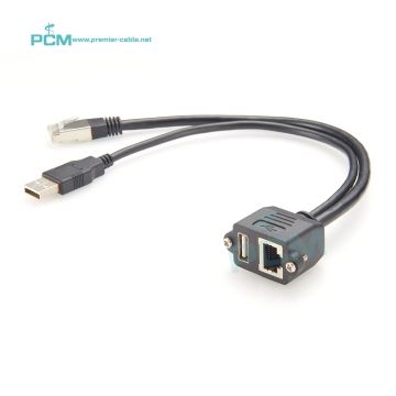 Ethernet RJ45 and USB-A Male to LAN and USB Combo Ports Extender with Y Splitter Panel Mount Cable - 30cm