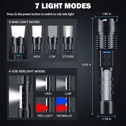 High Power Rechargeable LED Tactical Flashlight - 30W Waterproof Zoomable Torch