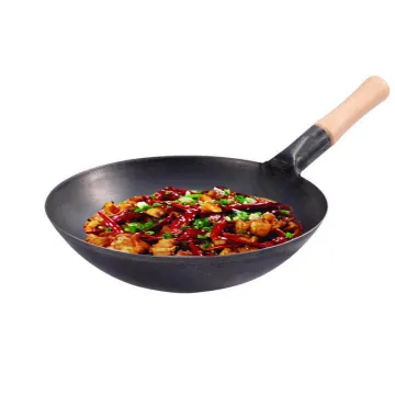 Low MOQ wholesale Chinese wok full seasoned wok pan Stir carbon steel Fry Wok Pan With Welded Wooden Handle