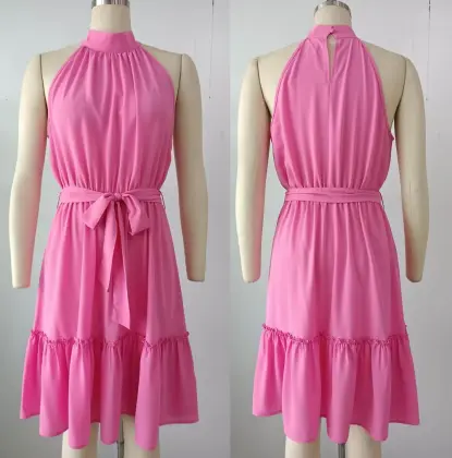 Woven Pink Sleeveless Belt Ruffles Dress