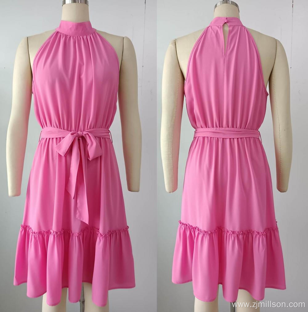 Woven Pink Sleeveless Belt Ruffles Dress