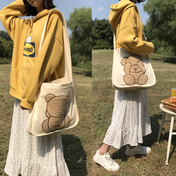 Canvas Shoulder Bag Embroidery Cute Bear Pattern