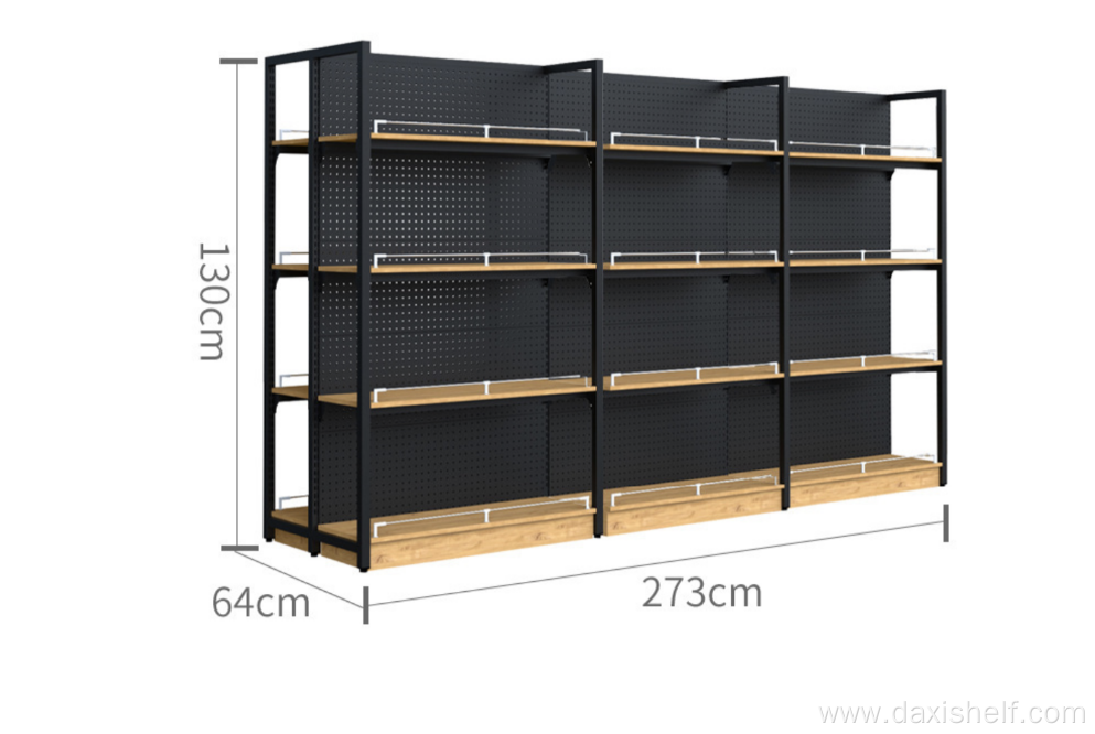 Ironwood with double-sided perforated backboard supermarket shelf