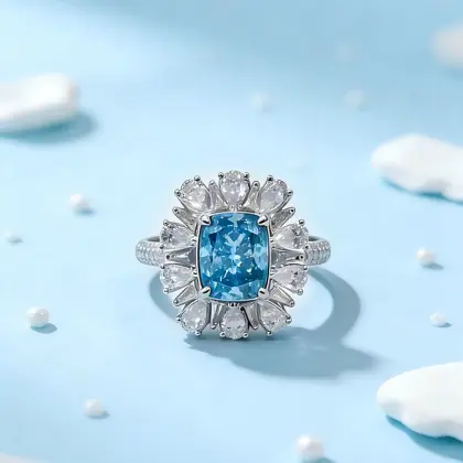 18K Cushion Blue Sunburst Diamond Ring