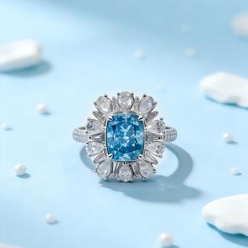 18K クッション ブルー サンバースト ダイヤモンド リング