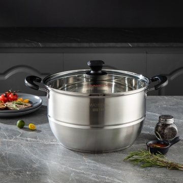 Set Pot Stainless Steel Steamer - 26 cm, lapisan tunggal, tutup kaca, logam perak