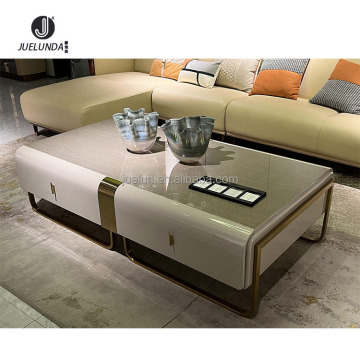 Modern Gold Frame High Gloss Gray Wood Veneer Coffee Table with Drawers