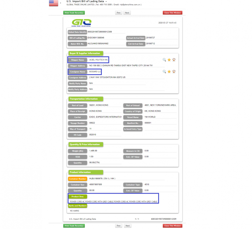 US Import B/L data for power cable
