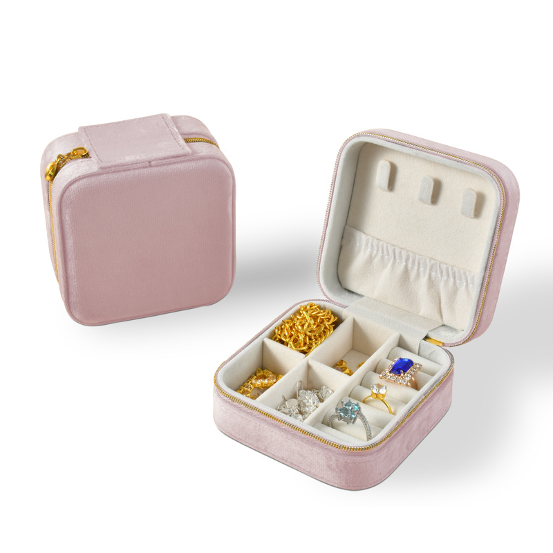 Square Velvet Jewelry Packaging Organizer Box with Zipper