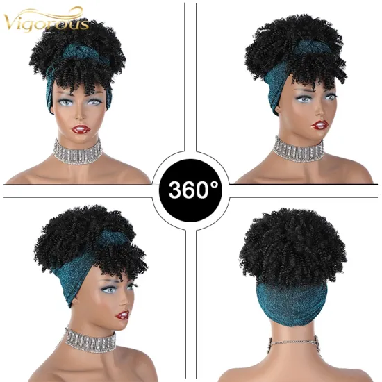 Natural Wholesale Vendor Blue Scarf Afro Hair Bun Ponytail Kinky Fluffy With Bangs For Black Women Synthetic Headband Wigs