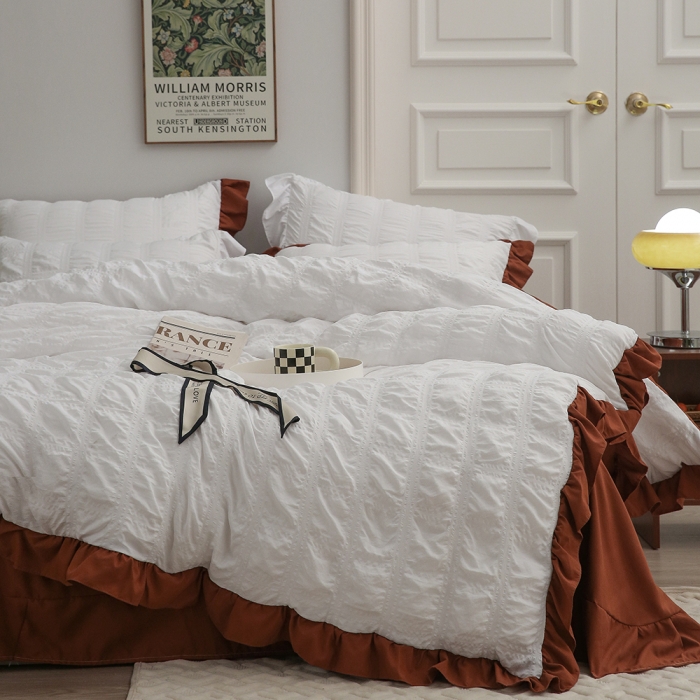 Conjunto de cama de bedding branco de algodão rosa seersucker