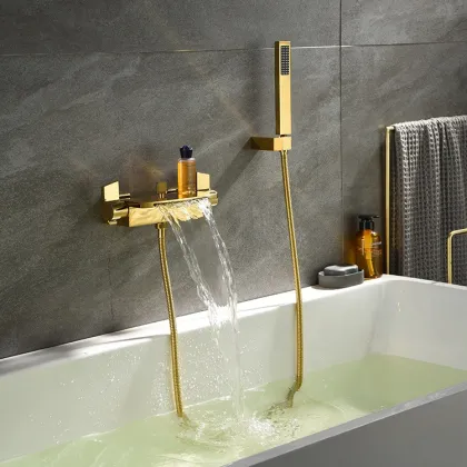 Gold Wall-Mounted Waterfall Bathtub Faucet
