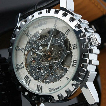 Man Men's White Dial Leather Luxury Stainless Steel Skeleton Hand-Wind Up Mechanical Watch WM220