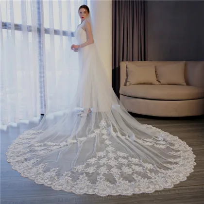 Wholesale Luxury White Wedding Veil - Two Layer Lace Cathedral Bridal Veil