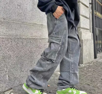 Men Cargo Work Pants Stone Wash Jeans