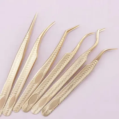 Qianya Custom Logo Eyelash Extension Tweezers Set - Gold EyeLash Tweezers with Fiber Tips