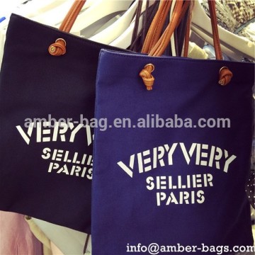 High Quality Plain canvas tote bag with long leather strap and metal grommet(91023)