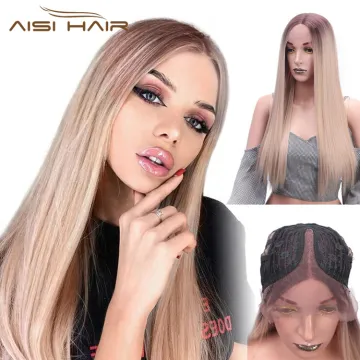 Aisi Hair Ombre Blonde Synthetic Lace Front Long Straight Wigs High Temperature Fiber Straight Lace Front Wigs