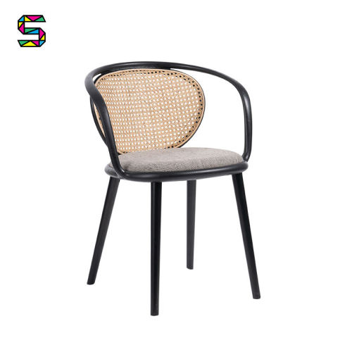 Wholesale Modern Rattan Back Upholstered Plastic Frame Rattan Backrest Soft Seat Dining Chairs Cane Back Wicker