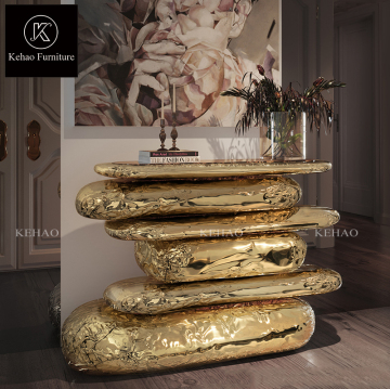 Luxury Gold Hammered Brass Plated Console Table with Brown Marble Top