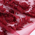 Vải thêu hoa 3D màu đỏ đậm