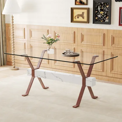 Elegant Glass Surface Dining Table with Cockroach Leg