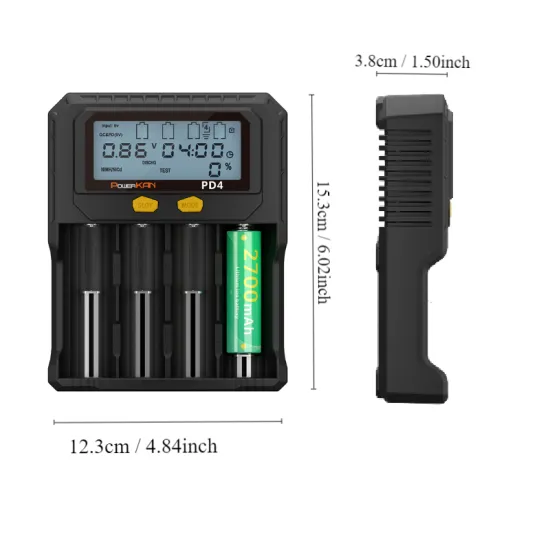 PD4 Smart 4-Slot Battery Charger with LCD Display: Flexible 250mA-2000mA Output for Lithium, Ni-MH, and Ni-CD Batteries - Complete Charging Solution