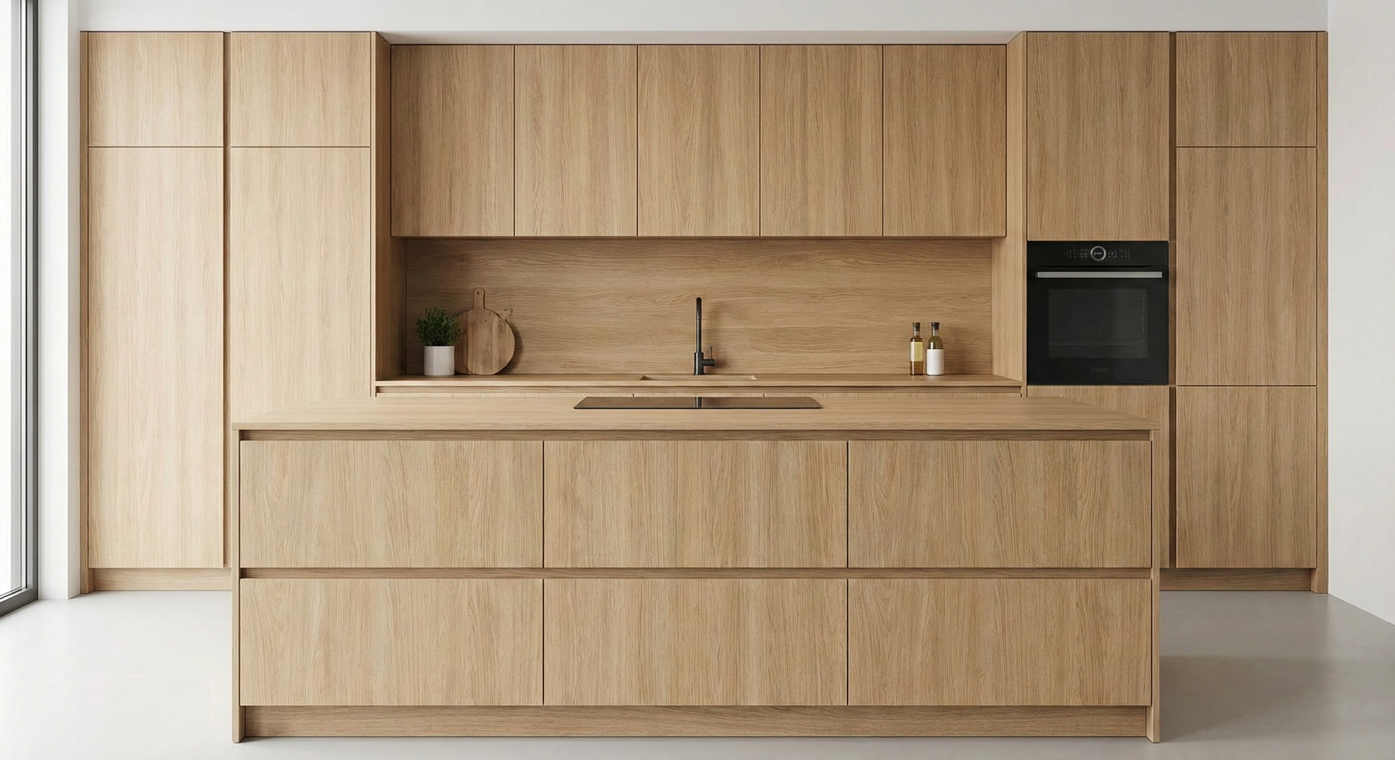 Lemari dapur modern dilengkapi dengan kertas dekoratif melamin butiran kayu di papan MDF