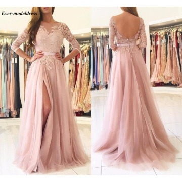 Blush Pink Bridesmaid Dresses 2020 Sexy A-Line High Split Backless Lace Long Sleeve Floor Length Wedding Guest Prom Party Dress