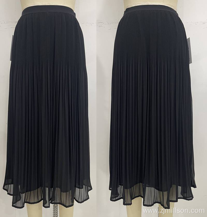 Woven Summer Black Elastic Band Pleated Skirt