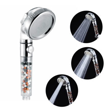 S3002 Transparent Plastic High-Pressure Mineral Ionic Stone Filter Hand Rain Shower with 3 Functions and Stop Button