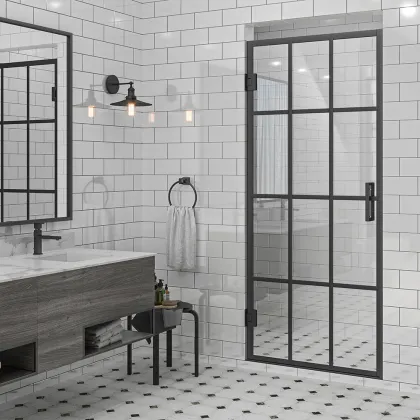Black Framed Tempered Glass Shower Door Hinge Partition Solution