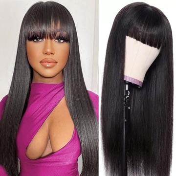 Straight Human Hair Wigs with Bangs 14 inch