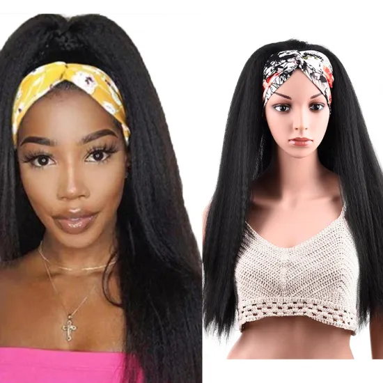 New Black 24 Inch Chic Style Kinky Straight Hair Headband Wig With Pre-attached Scarf Synthetic Yaki Straight Headband Wigs