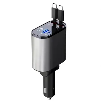 4-in-1 Retractable Fast Charging Car Charger for iPhone, Samsung, Pixel, Huawei