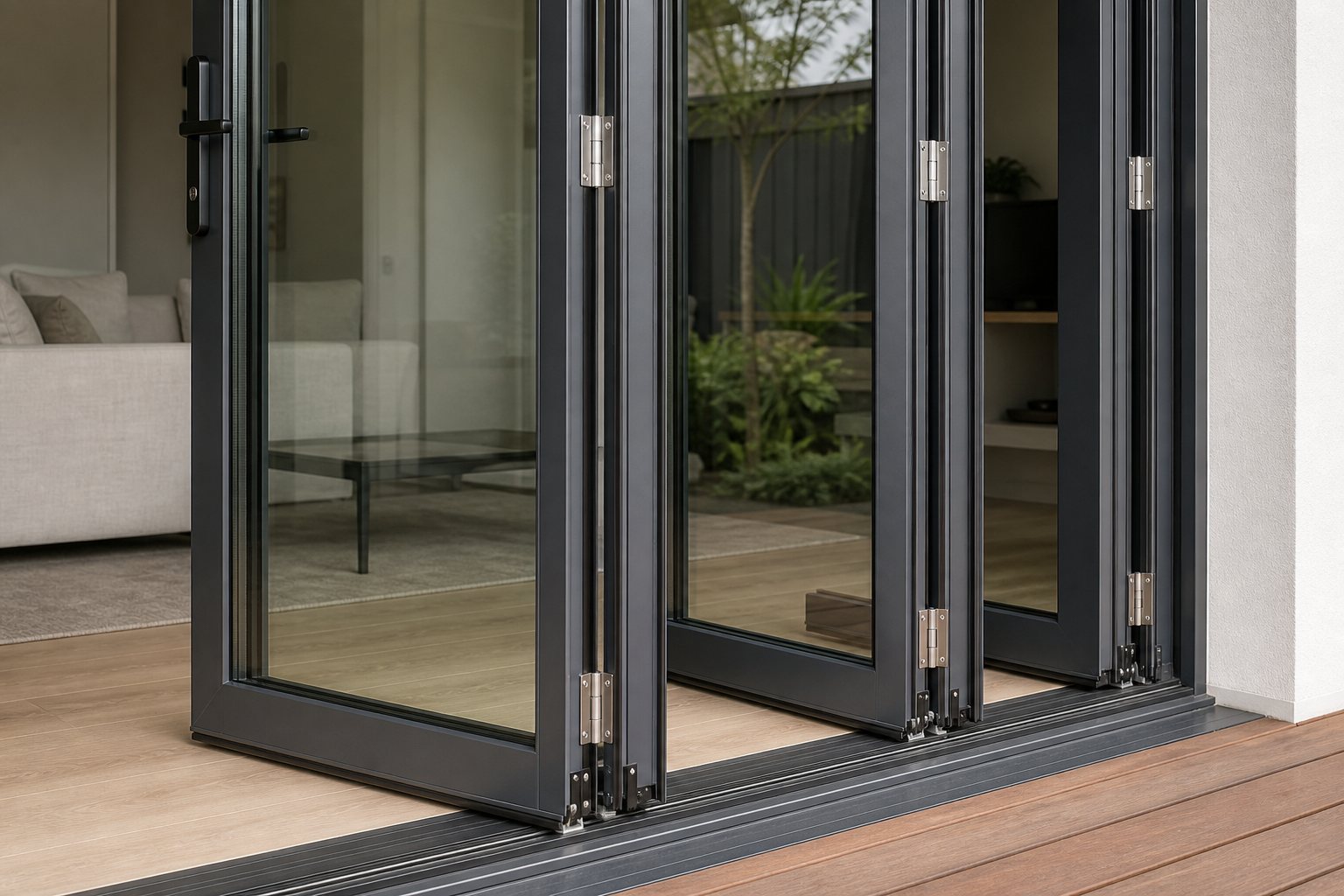 Close view of aluminium bi-folding door panels, hinges, seals and bottom track