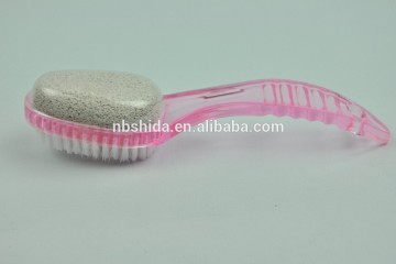 plastic bent handle nail brush with colored pumice stone