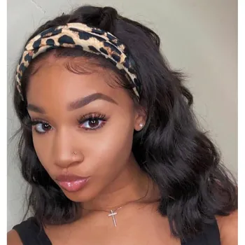 Headband Short bob Wavy Wigs for Black Women Glueless Synthetic Shoulder Length Wigs 16 Inch Headwrap Wigs Headband Attached