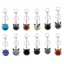 Gemstone Cat Shape Keychains de piedra de cristal Bolsa de animales Natural Charm Cadena Key Chain Quartz Jasper Key Ring para regalo de aniversario