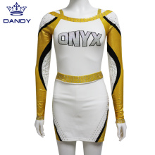 Custom yellow and white cheerleading uniforms