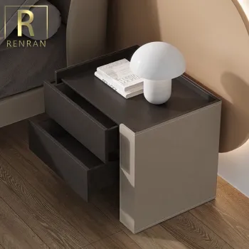 Wooden Bedside Table with Storage - Italian Modern Saddle Leather and Wood Nightstand