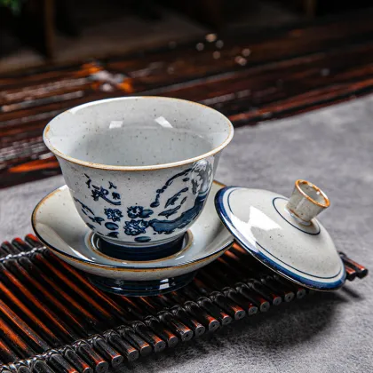 Chinese Traditional Gaiwan with Kung Fu Tea Set: Porcelain Bowl and Tea Cup