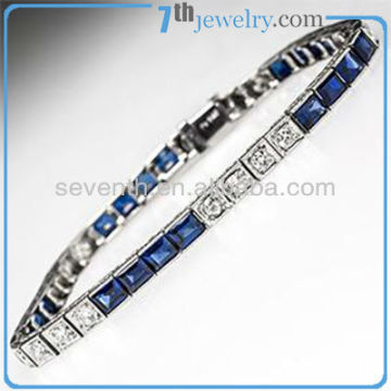 Plain Fashion Square White And Blue Sapphire Diamond Brass Tennis Bracelet With Rhodium Plating