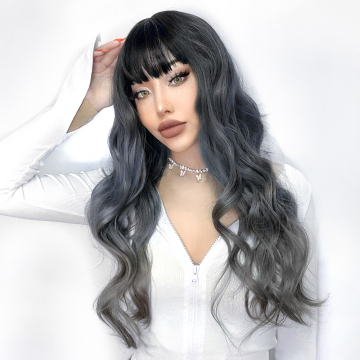 Ainizi New Arrival Long Wave Haze Blue with Black Roots Synthetic Rose Net Fashion Wig with Fringes for Women