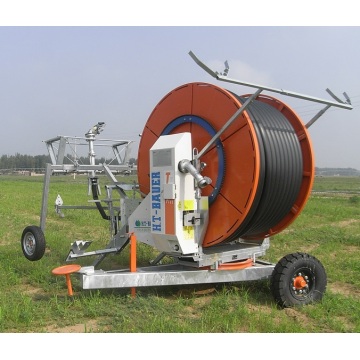 Wheeled sprinkler hose reel irrigation system with cart