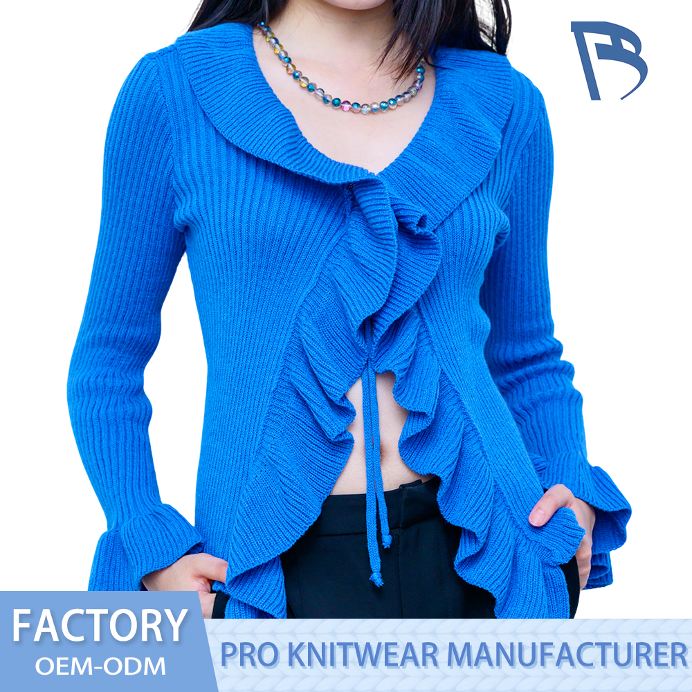 Sweater Ruffled Biru Tentera Laut Elegant untuk Wanita