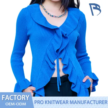 Elegant Navy Blue Ruffled Sweater for Women