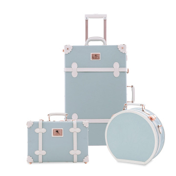 Embossed Blue Vintage 3-Piece Suitcase Set - Travel Luggage with Hat Box & Cosmetic Case
