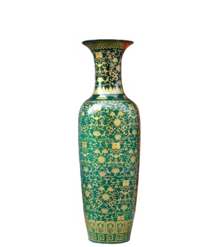 Chinese Antique Green Floor Vase with Gold Flower Pattern for Office & Hotel Decoration